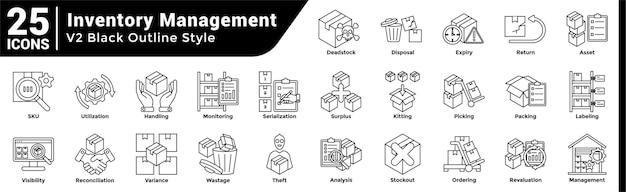 Una colección de 25 iconos con un tema de gestión de inventario estilo línea