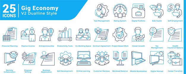Una colección de 25 iconos con un tema de Gig Economy de estilo Dual Line