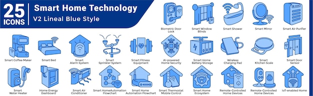 Una colección de 25 iconos con un tema de tecnología de hogar inteligente estilo azul