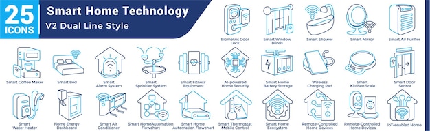 Una colección de 25 iconos con un tema de tecnología de hogar inteligente de estilo Dual Line