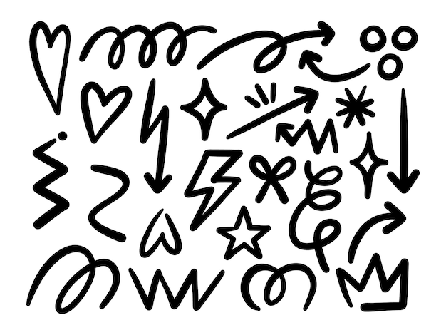 Una colección de 30 elementos de doodle en negrita dibujados a mano, perfectos para planificadores de redes sociales, álbumes de recortes, pegatinas o acentos de diseño lúdicos.