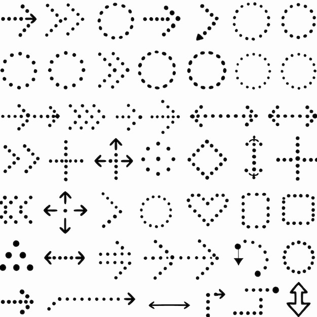 Una colección de 30 flechas punteadas únicas y formas aisladas en fondo blanco