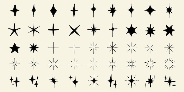 Una colección de 36 formas de estrellas negras en un fondo claro Varios diseños de estrellas incluyen estilos redondeados y geométricos afilados Formas de estrellas para diseño y decoración Conjunto de vectores de elementos