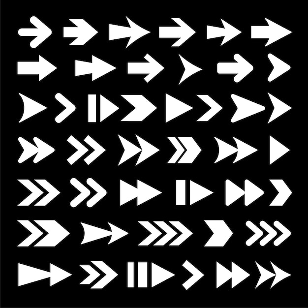 Una colección de 36 iconos de flecha blanca sobre un fondo negro Varios estilos y direcciones de flecha Las flechas incluyen diseños rectos curvos y angulares Conjunto de vectores de elementos