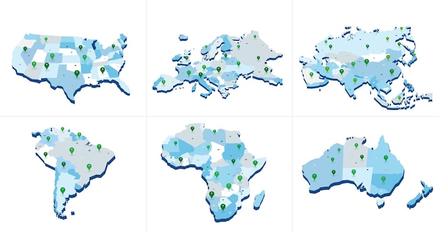 Colección 3D de continentes con pines geográficos. ilustración vectorial
