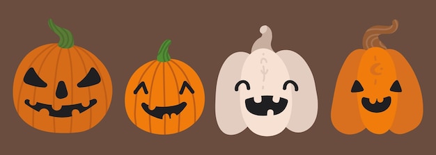 Vector colección de 4 calabazas con caras alegres enojadas, felices, sonrientes y lindas sobre un fondo marrón