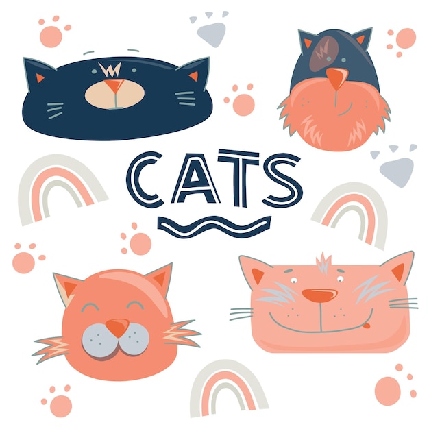 Colección de 4 caras de gato con emociones Conjunto de ilustración vectorial divertido y lindo