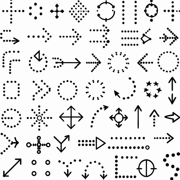 Una colección de 40 iconas de flecha y línea punteadas en blanco y negro dibujadas a mano