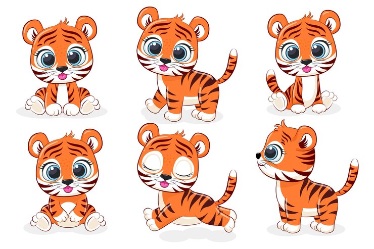 Vector una colección de 6 adorables cachorros de tigre. gráficos de dibujos animados vectoriales.