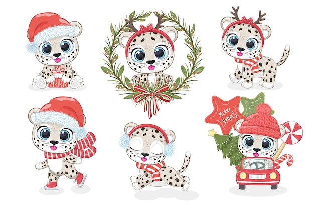 Una colección de 6 lindos leopardos para Año Nuevo y Navidad. Ilustración vectorial de una caricatura.