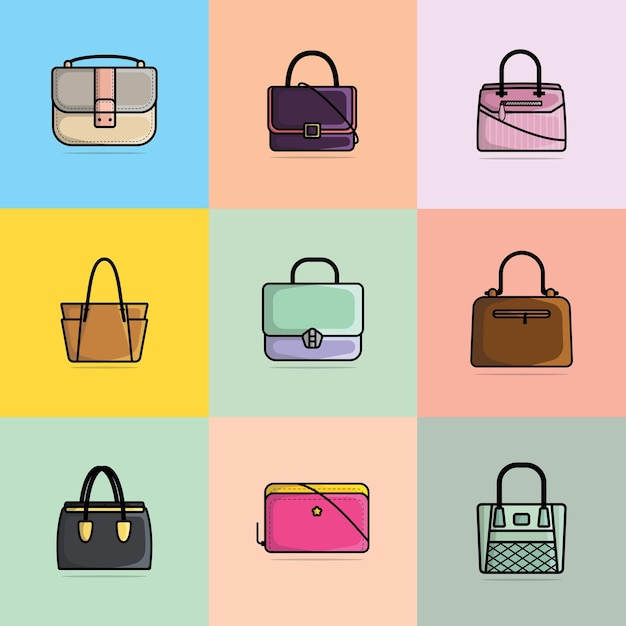 Colección de 9 bolsas o bolsos de fiesta nocturna para mujeres Ilustración vectorial de objetos de moda de belleza icono