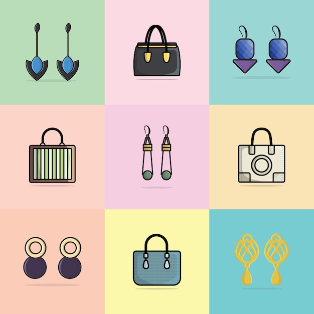 Vector colección de 9 bolsos de cuero de moda para mujeres y pendientes de joyería de moda de colores