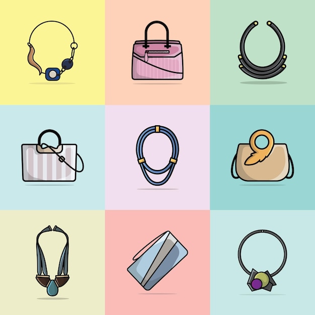 Vector colección de 9 bolsos modernos para damas y collares de estilo único ilustración vectorial