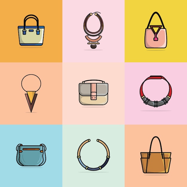 Vector colección de 9 bolsos de mujeres hermosas y collares de fiesta ilustración vectorial