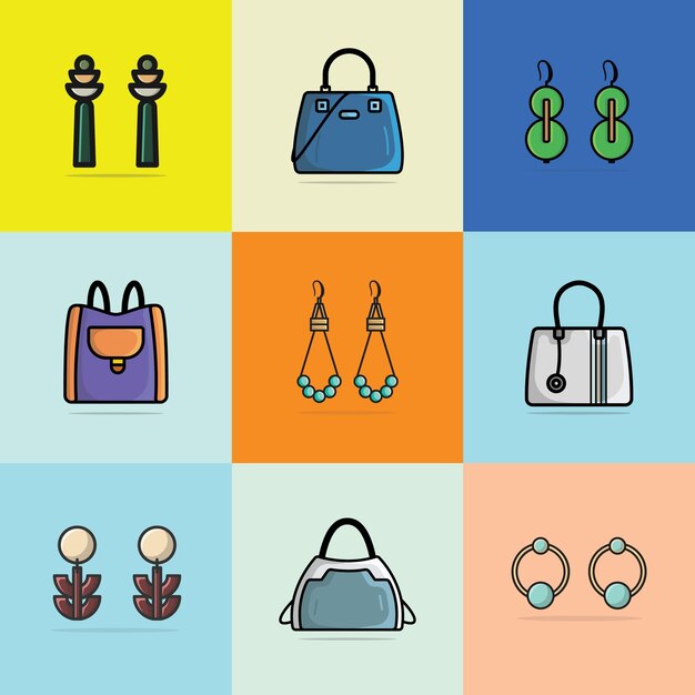 Colección de 9 bolsos y pendientes de eventos para mujeres hermosas Ilustración vectorial de joyas