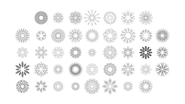 Colección Abstracta Conjunto de círculos redondos estallido de estrellas estallido del sol puesta de sol línea negra elementos de diseño de doodle