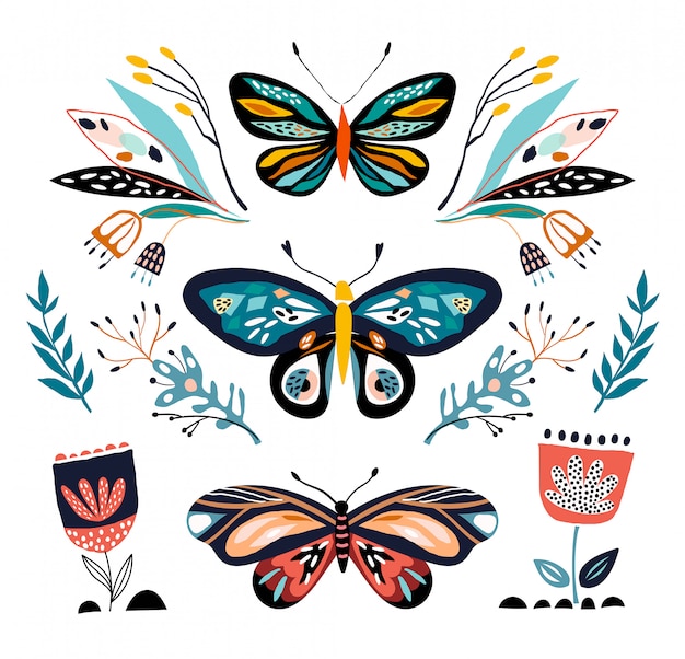 Colección abstracta con diferentes mariposas y plantas, aisladas