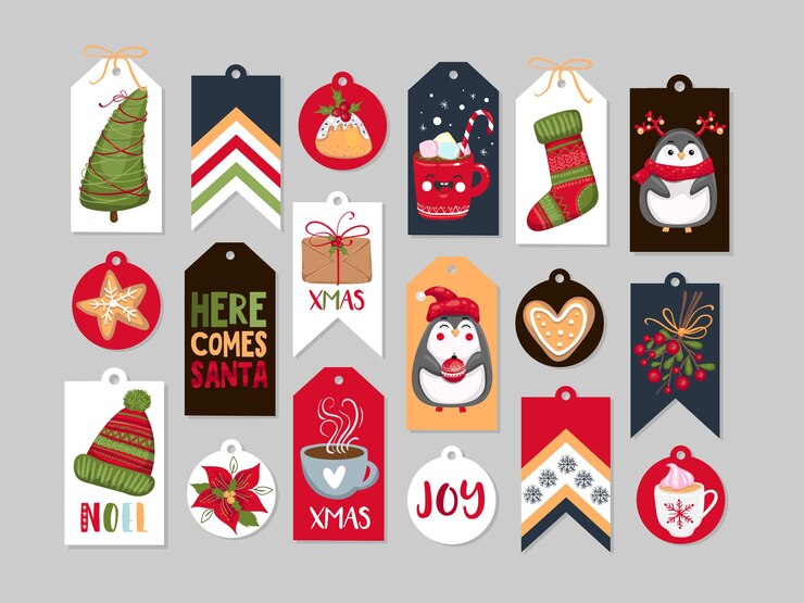 Vector colección abstracta de etiquetas imprimibles para navidad, año nuevo. ilustración vectorial. felices vacaciones