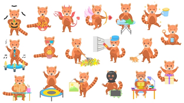 Colección abstracta de juegos grandes dibujos animados planos diferentes animales pandas rojos elementos de estilo de diseño vectorial
