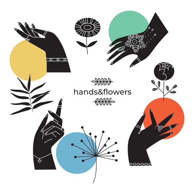 Vector colección abstracta de manos sosteniendo y flores