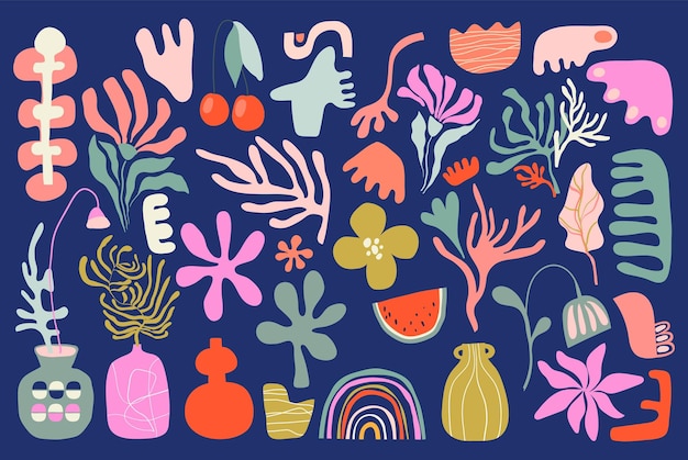 Colección abstracta de primavera y verano con diferentes formas estacionales flores plantas ollas