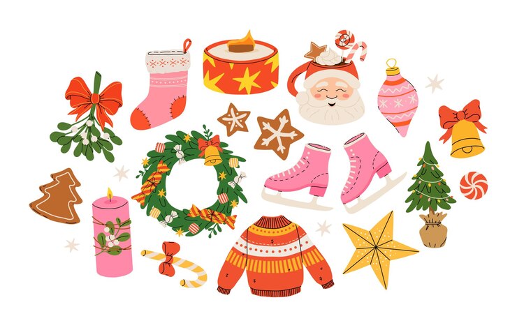 Vector colección acogedora de artículos de navidad y año nuevo conjunto de símbolos tradicionales de invierno elementos y decoraciones corona de árbol de navidad guiño velas ropa y otras ilustraciones planas de colores