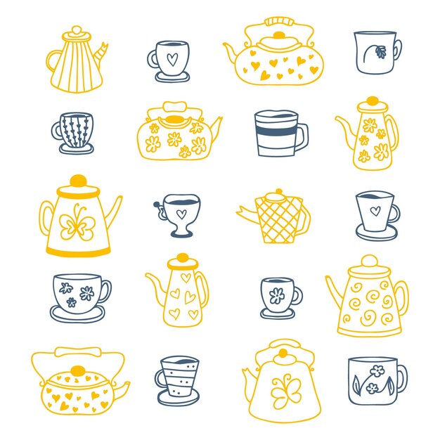 Colección acogedora de tazas y tazas de tetera de garabato Perfecto para el póster de papelería de toalla de cocina y la impresión Ilustración vectorial dibujada a mano aislada en fondo blanco