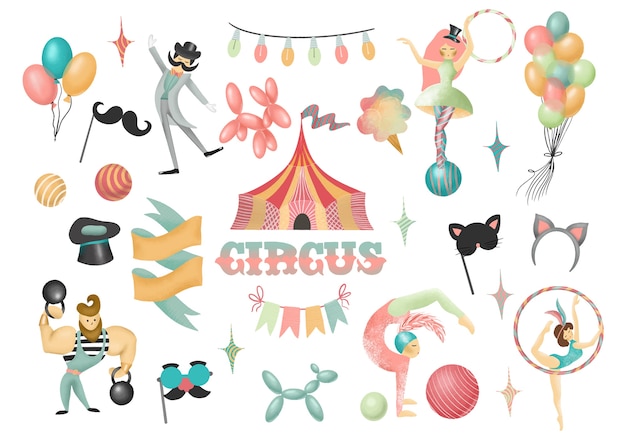 Colección de actores de circo dibujados a mano y elementos de circo o parque de atracciones