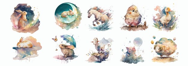Vector colección de acuarelas caprichosas de animales lindos y elementos de la naturaleza ilustraciones pintadas a mano para libros infantiles decoración