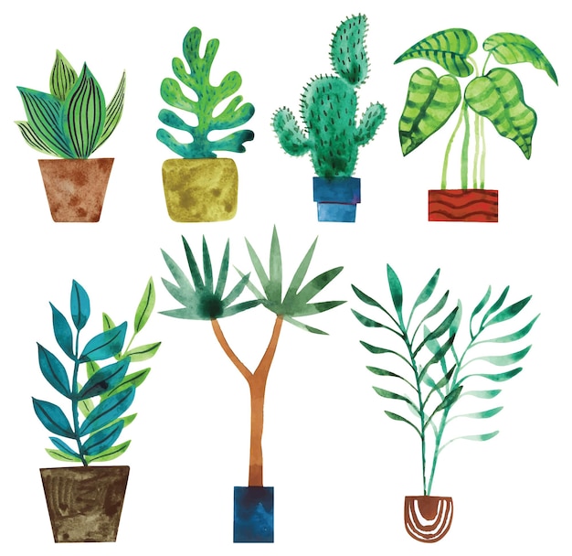 Vector colección de acuarelas de plantas en maceta