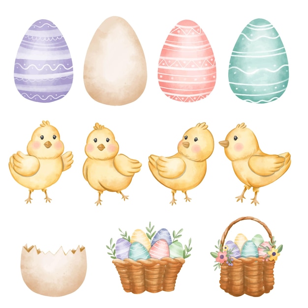 Colección de acuarelas de pollos y huevos de Pascua