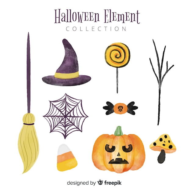 Colección adorable de elementos de halloween en acuarela
