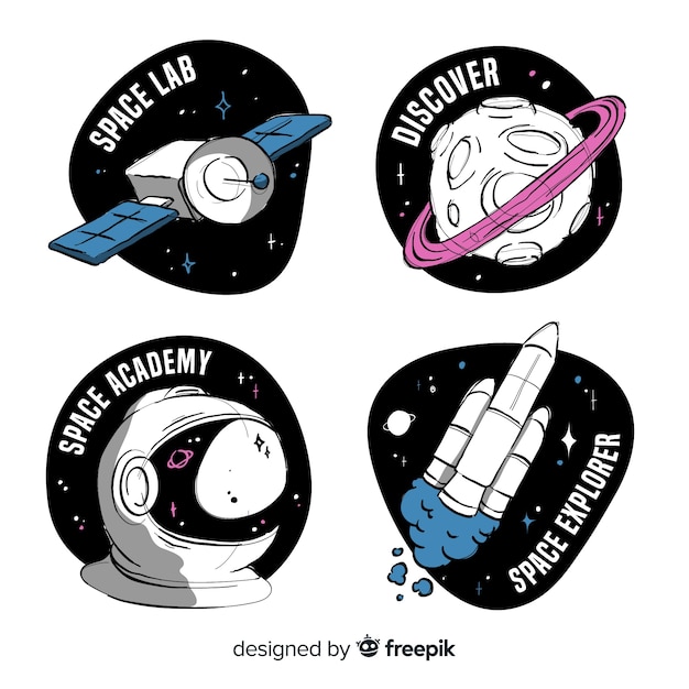 Colección adorable de insignias del espacio dibujadas a mano