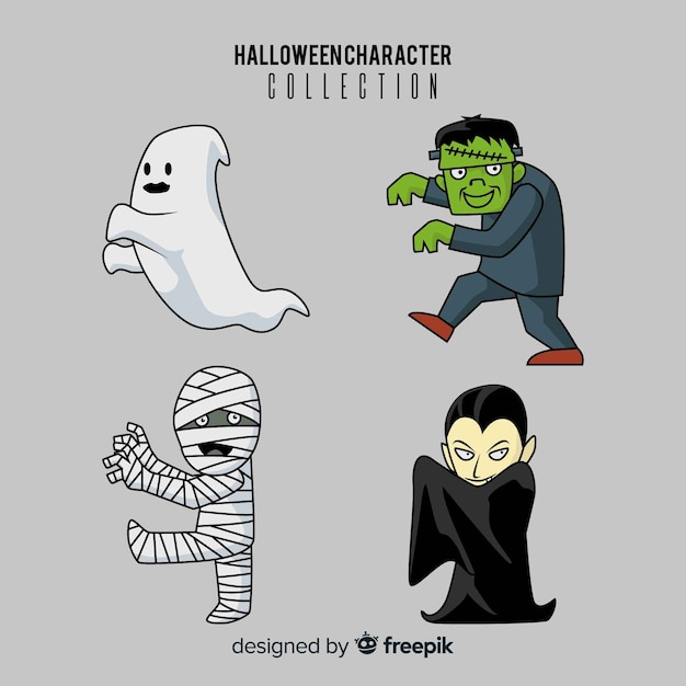 Colección adorable de personajes de halloween dibujados a mano