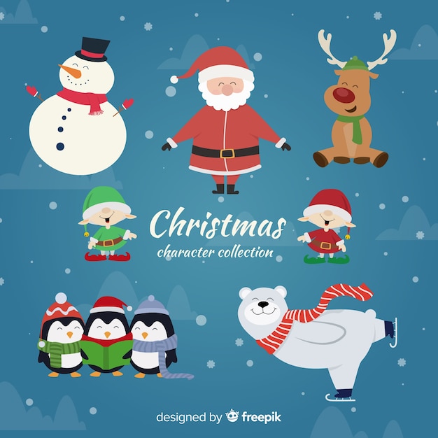 Colección adorable de personajes de navidad con diseño plano