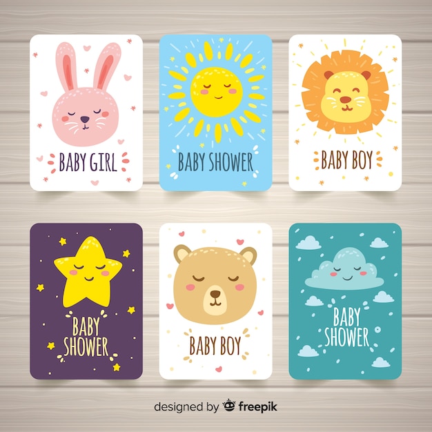 Colección adorable de tarjetas de baby shower dibujadas a mano