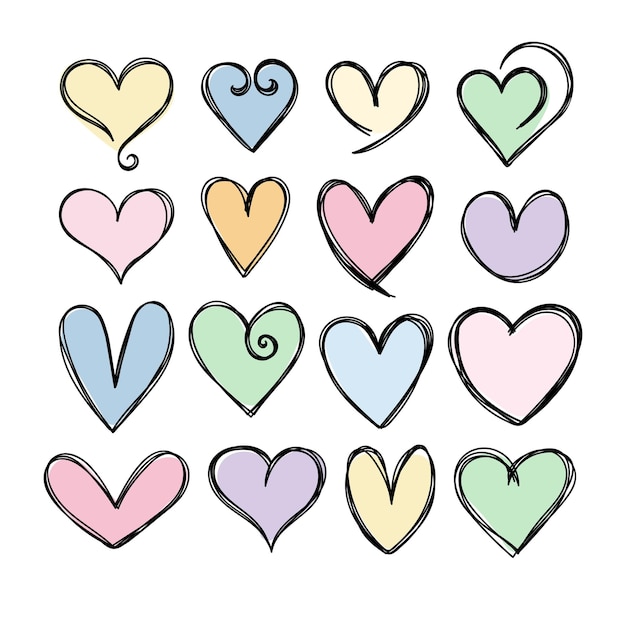 Colección de adorables corazones dibujados a mano Iconos de corazones Elementos de diseño para Valentines y el día de la boda