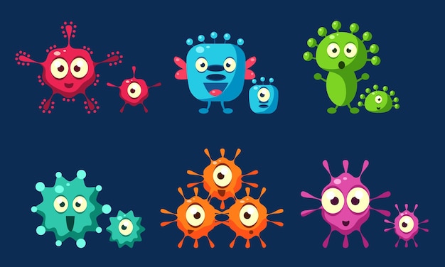 Colección de adorables gérmenes conjunto microbios bacterias virus personajes con caras divertidas ilustración vectorial en fondo azul
