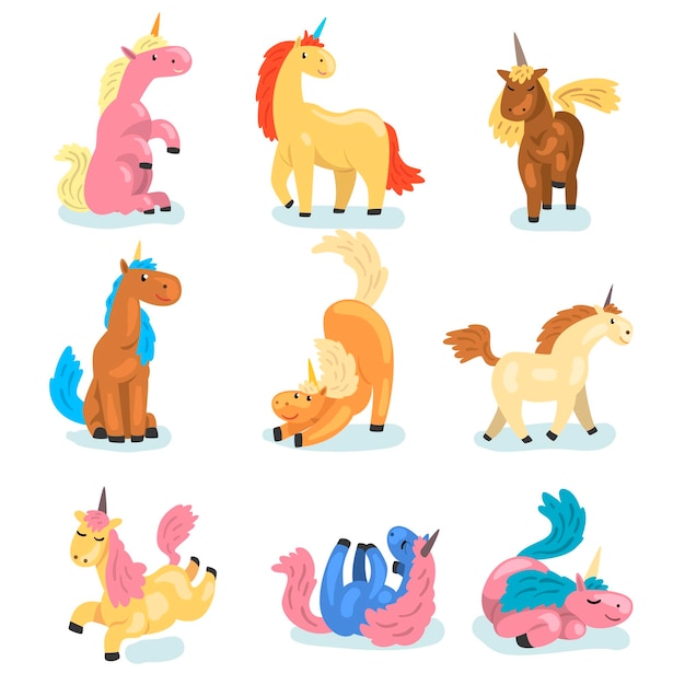 Colección de adorables unicornios en diferentes acciones lindo animal mítico con un solo cuerno personajes de dibujos animados divertidos elementos para postales niños libro o juego ilustraciones de vectores planos aislados