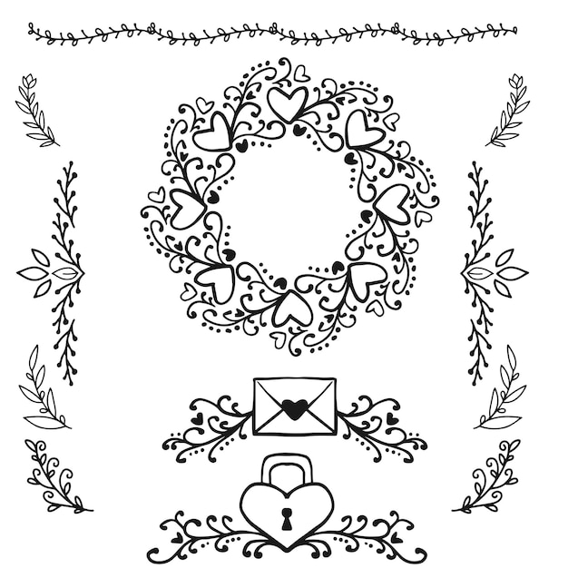 colección de adornos de boda dibujados a mano ilustración de diseño vectorial