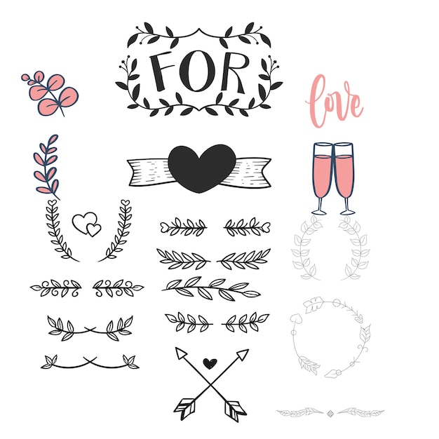 colección de adornos de boda dibujados a mano ilustración de diseño vectorial