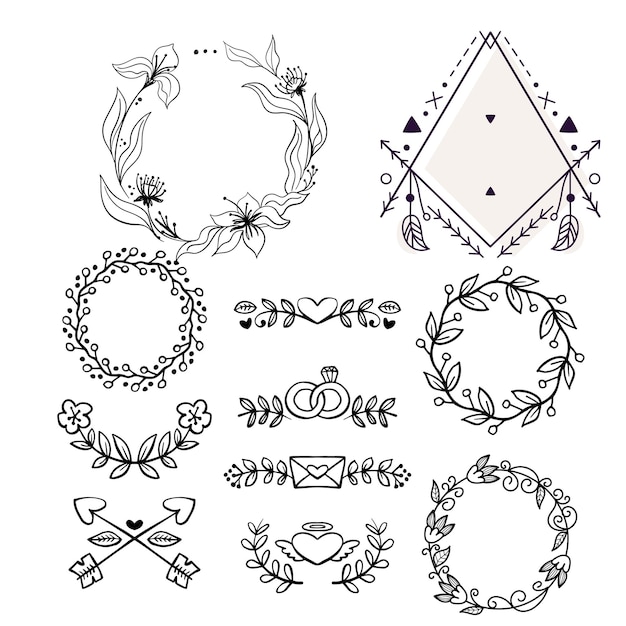 colección de adornos de boda dibujados a mano ilustración de diseño vectorial