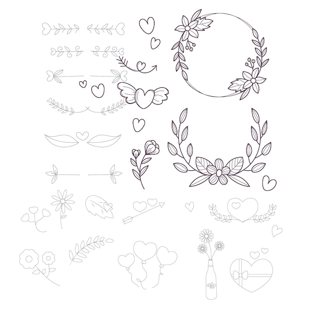 colección de adornos de boda dibujados a mano ilustración de diseño vectorial