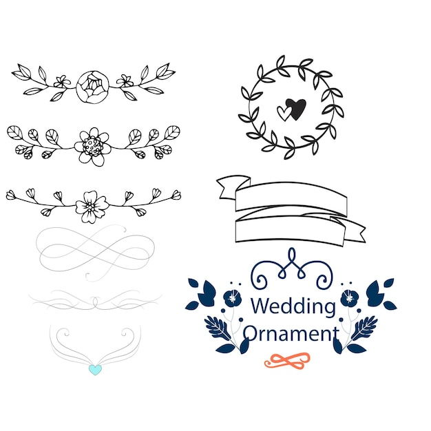 colección de adornos de boda dibujados a mano ilustración de diseño vectorial