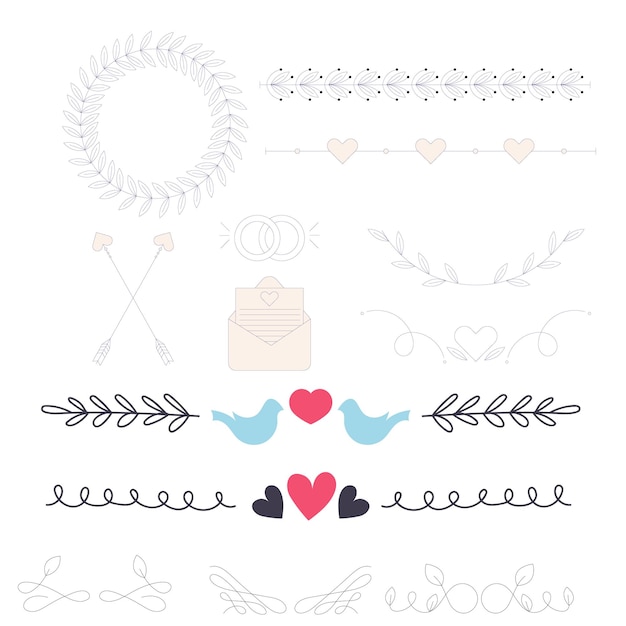 colección de adornos de boda dibujados a mano ilustración de diseño vectorial