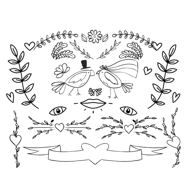 colección de adornos de boda dibujados a mano ilustración de diseño vectorial