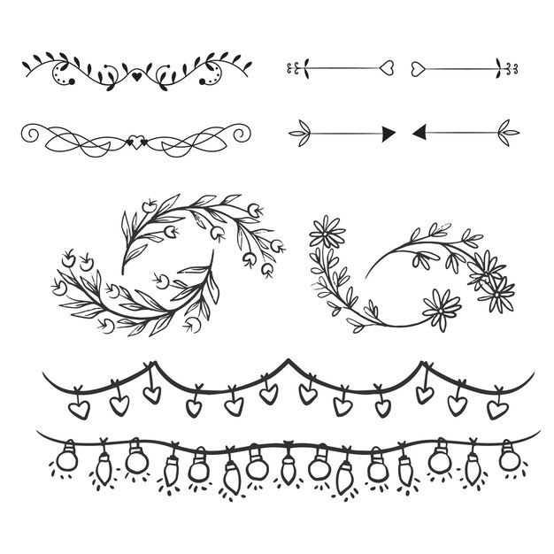 colección de adornos de boda dibujados a mano ilustración de diseño vectorial