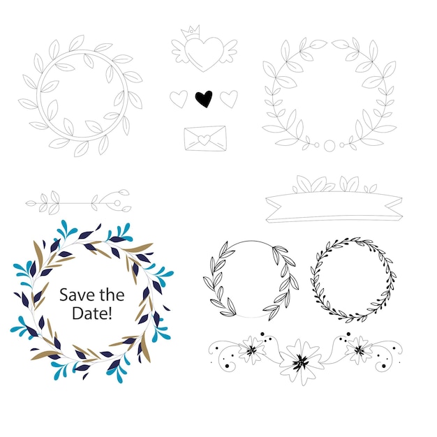 colección de adornos de boda dibujados a mano ilustración de diseño vectorial