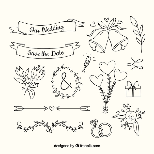 Colección de adornos de boda dibujados a mano