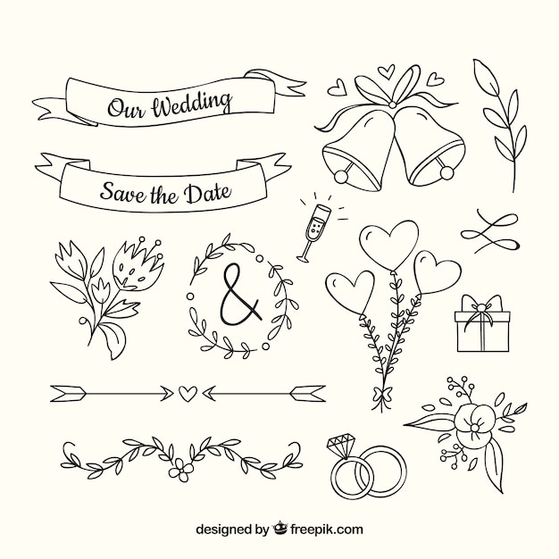 Vector colección de adornos de boda dibujados a mano